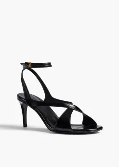 Liria Ankle Strap Sandal in Black Glazed Leather