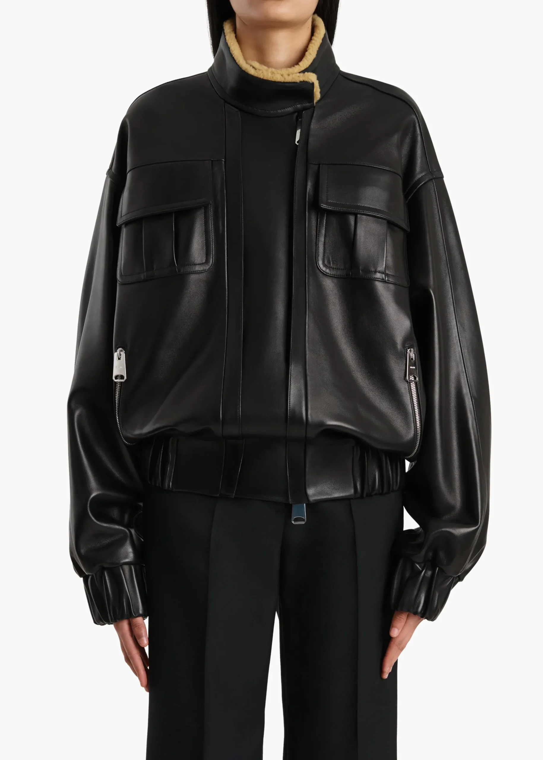Malone Jacket in Black Leather with Shearling Collar