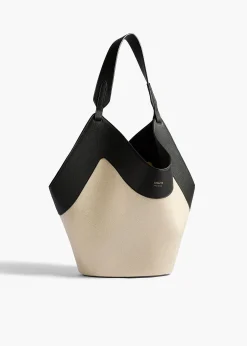 Medium Lotus Tote in Black Leather and Natural Canvas