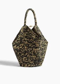 Medium Lotus Tote in Black and White Raffia