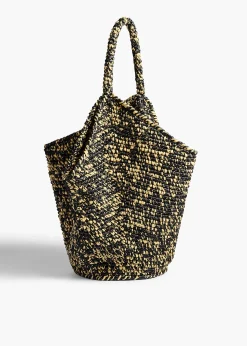 Medium Lotus Tote in Black and White Raffia