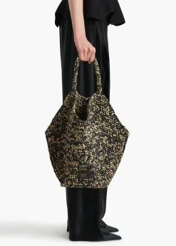Medium Lotus Tote in Black and White Raffia