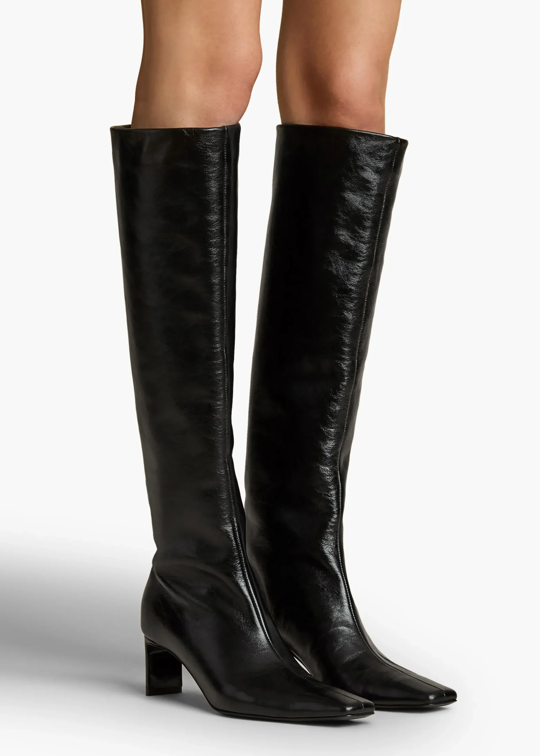 Ona Knee-High Boot in Black Glazed Leather