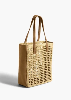 Small Zoe Tote in Natural Raffia with Mud Suede